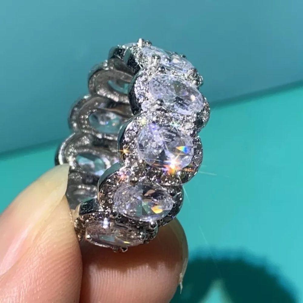 Oval Cut Halo Diamond Pink Clear Wedding Eternity Band - Picture 8 of 16